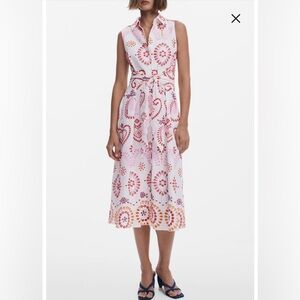 NWT Desigual Midi embroidered sleeveless cotton shirtdress with a front tie XL